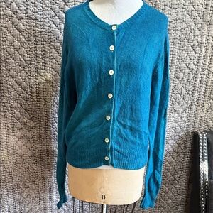 Teal Hand Tie Dye Button-Up Women's Cardigan 100% Scotland Cashmere.